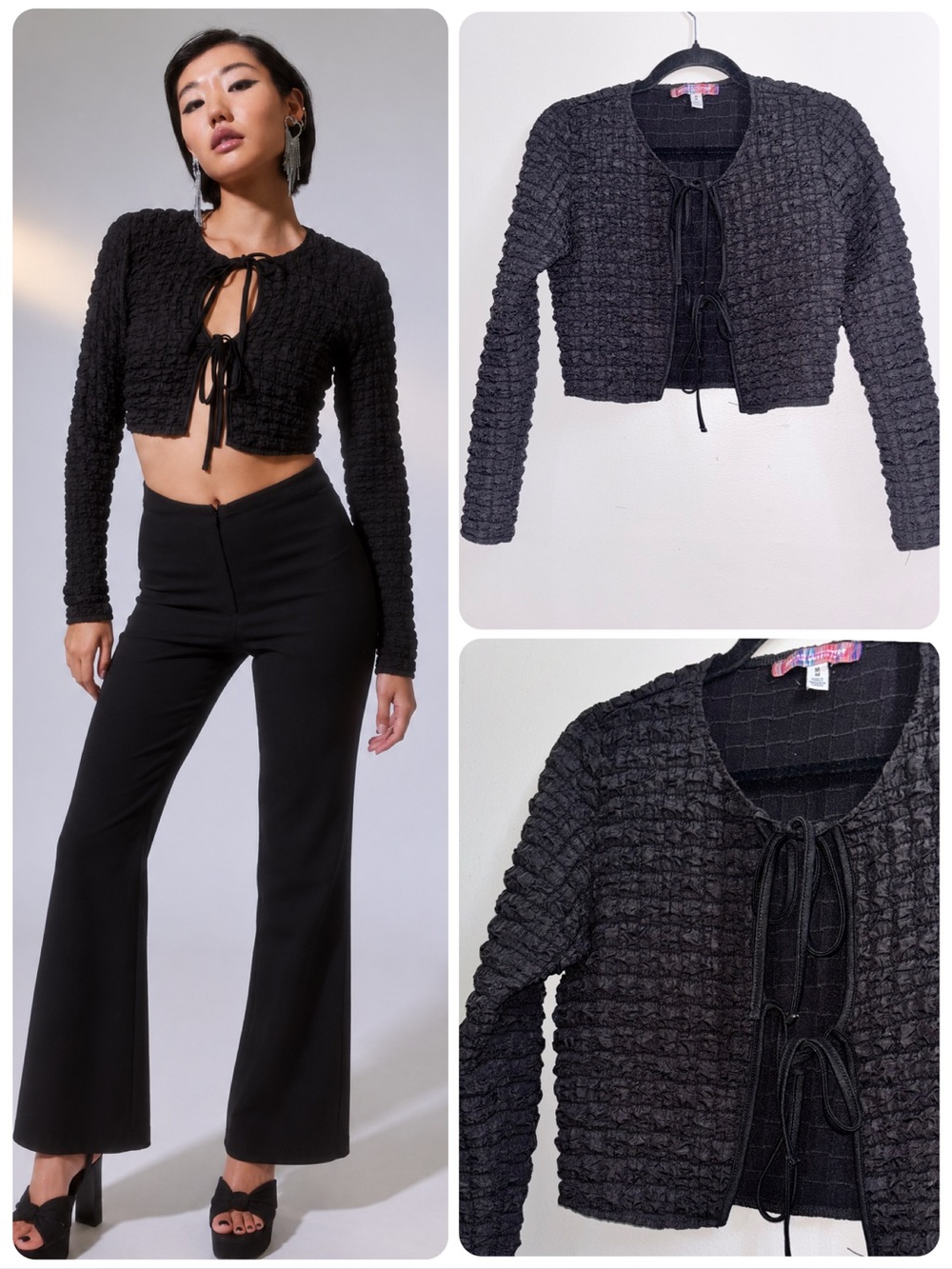 Urban Outfitters UO Sylvie Bubble Knit Tie-Front Top Cardigan Black Size Medium